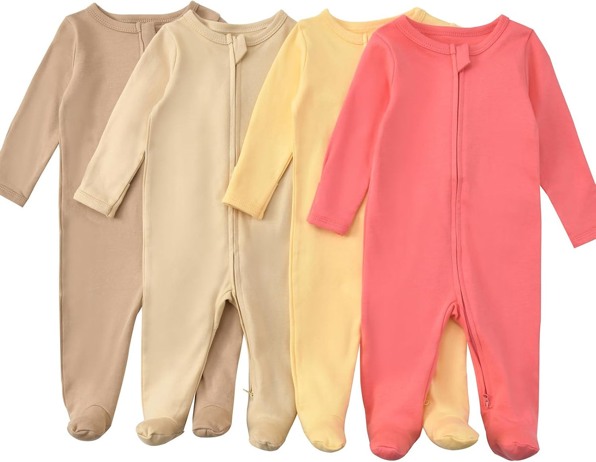 Aablexema Baby Footed Pajamas with Mitten Cuffs Zipper 4-Pack Infant Newborn Cotton Long Sleeve
