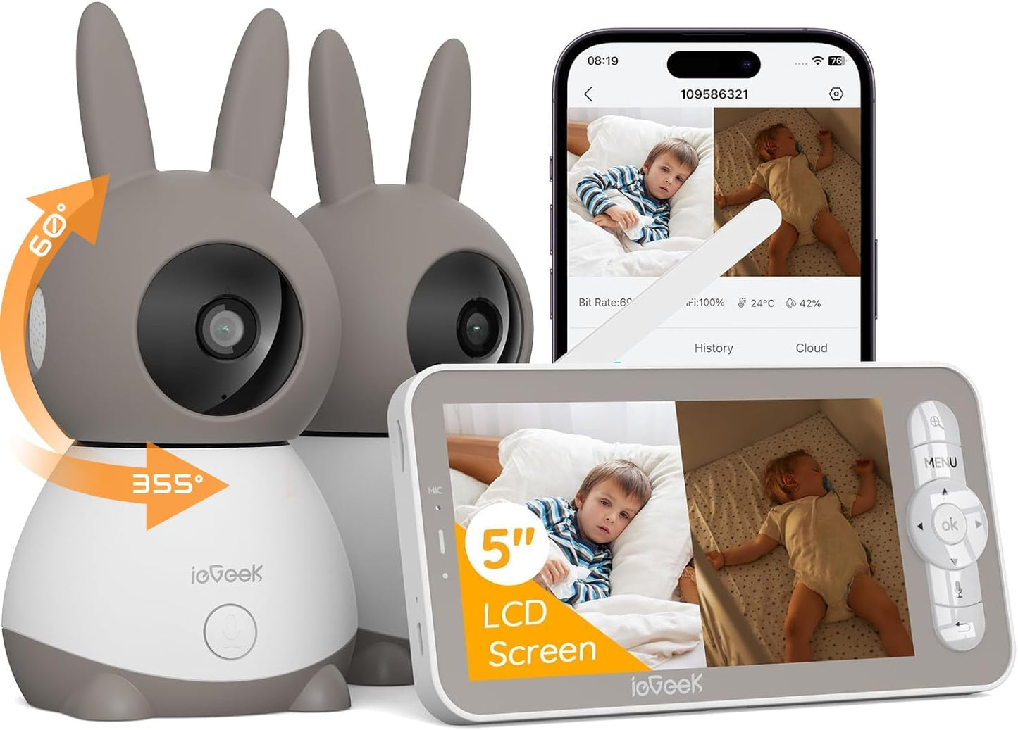 ieGeek 2K Split-Screen Baby Monitor, 5" Audio Baby Monitor with 2 Cameras, WiFi Smartphone Video