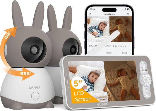 ieGeek 2K Split-Screen Baby Monitor, 5" Audio Baby Monitor with 2 Cameras, WiFi Smartphone Video