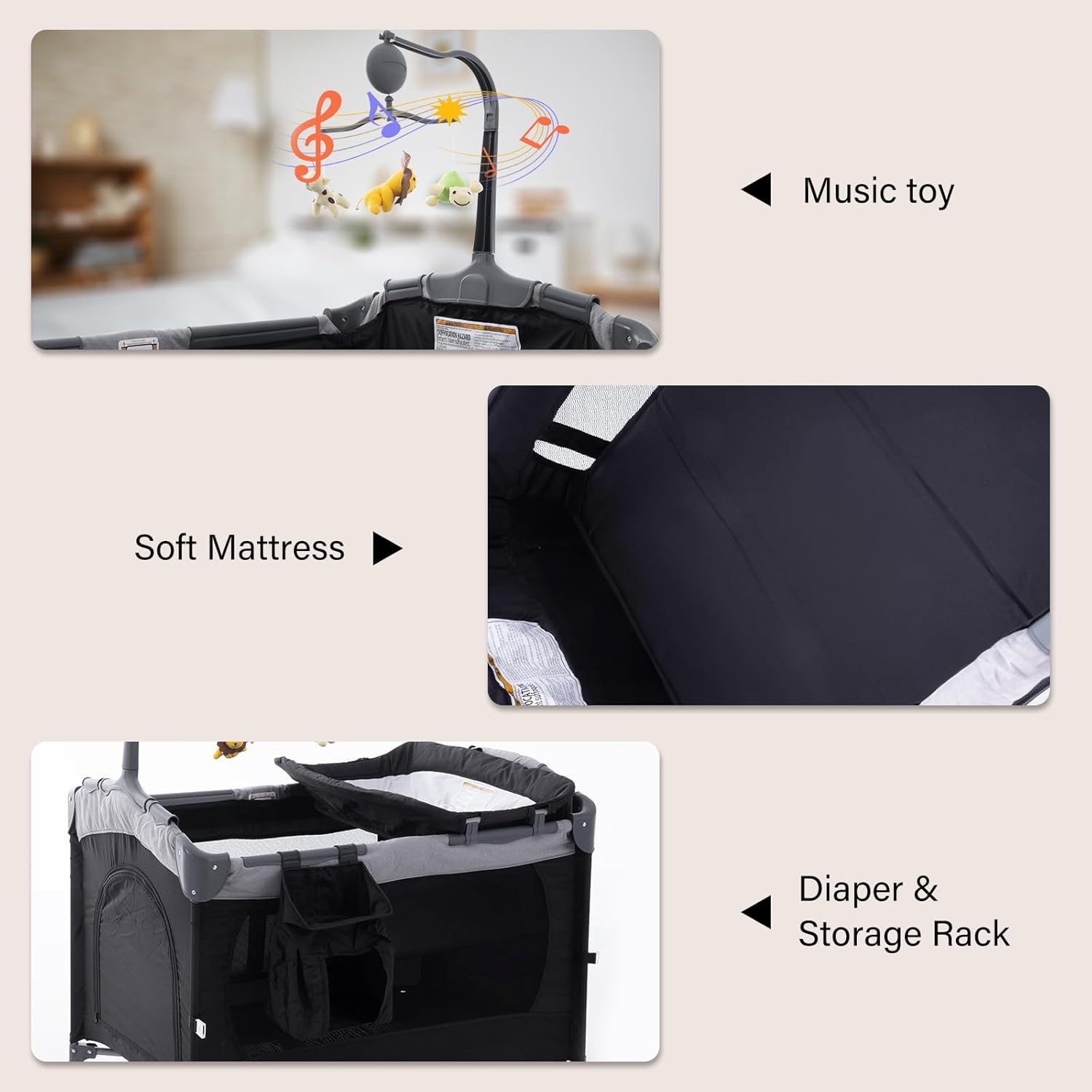 5 in 1 Baby Crib,Bedside Sleeper Bassinet,Pack and Play with Bassinet and Changing Table,Portable