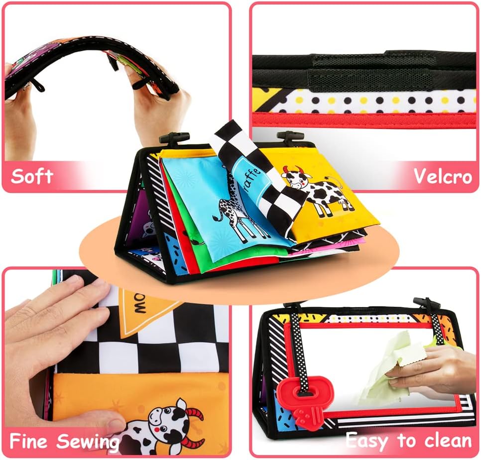 3-in-1 Tummy Time Mirror with Soft Crinkle 3D Activity Book, Teethers, Rattle - High Contrast Black