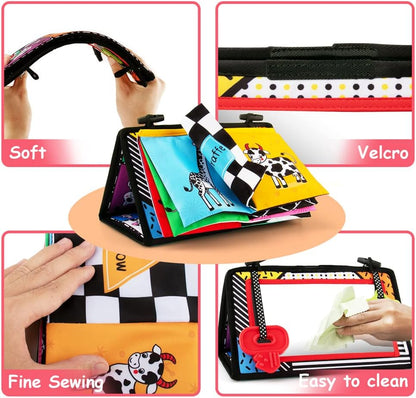 3-in-1 Tummy Time Mirror with Soft Crinkle 3D Activity Book, Teethers, Rattle - High Contrast Black
