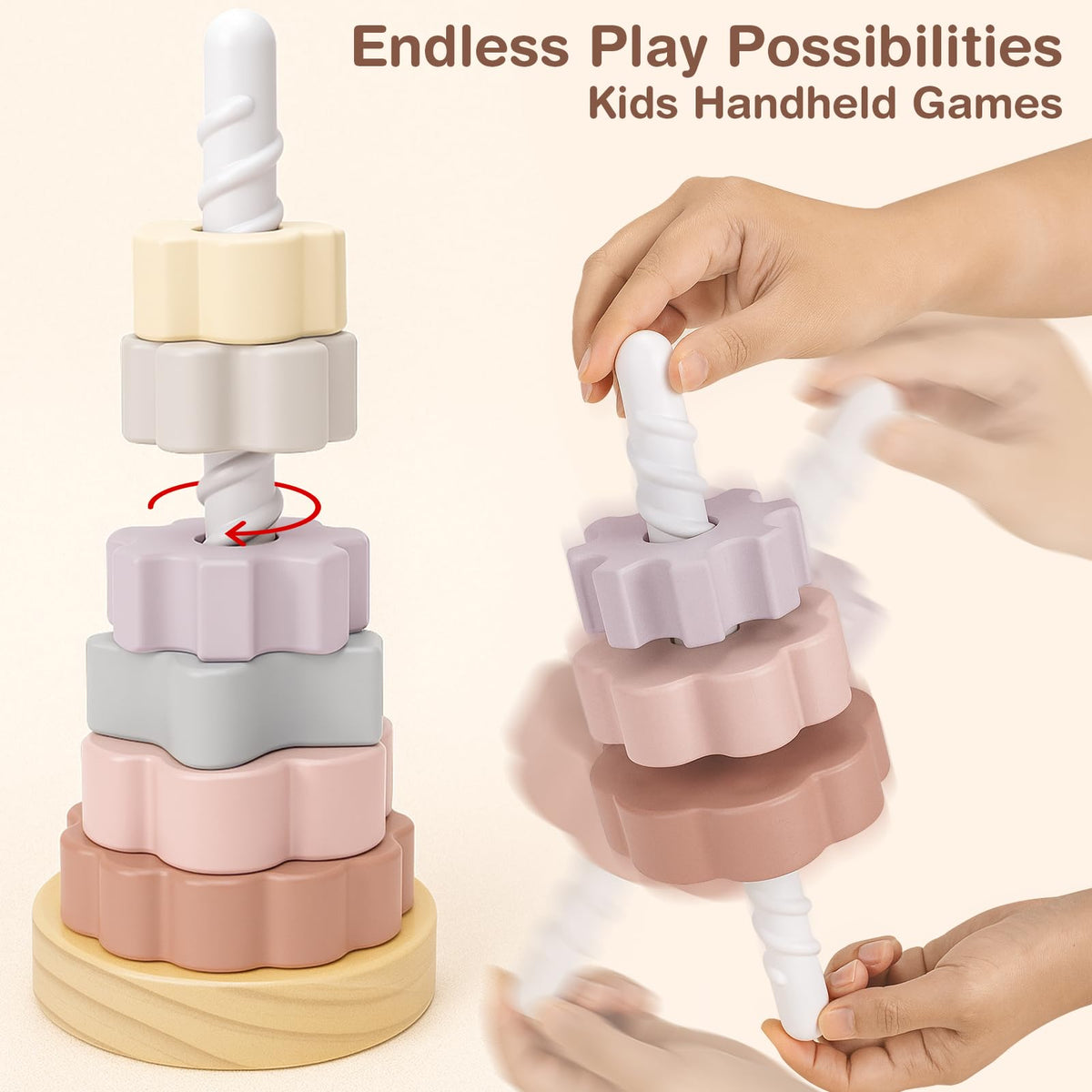 Joyreal Wooden Spinning Stacking Toys, Neutral Ring Stacker Montessori Toys for Toddlers 1-3