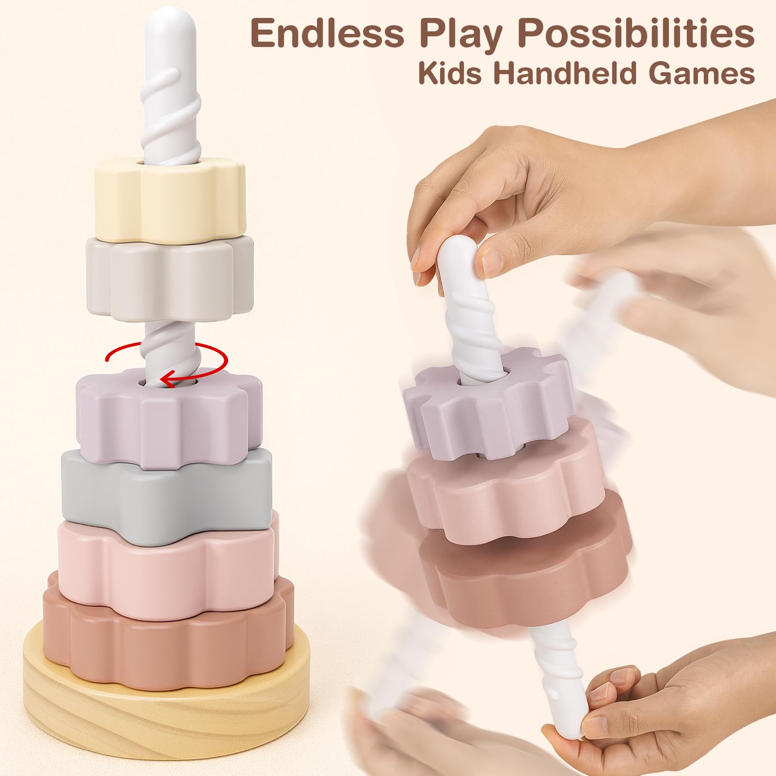 Joyreal Wooden Spinning Stacking Toys, Neutral Ring Stacker Montessori Toys for Toddlers 1-3