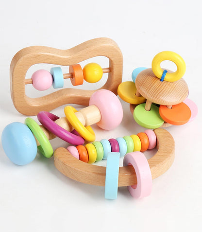 6 PCS Wooden Baby Rattle, Organic Colorful Baby Hand Rattles Set, Wood Rattles for Babies 0-6-12