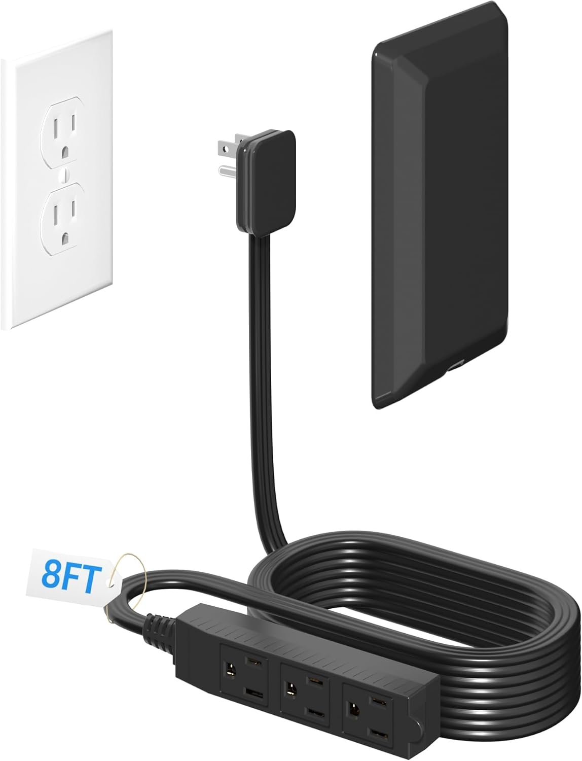 8FT Flat Plug Extension Cord with Cord Concealer Kit,3 Outlet Power Strip,Wall Extension Cord with
