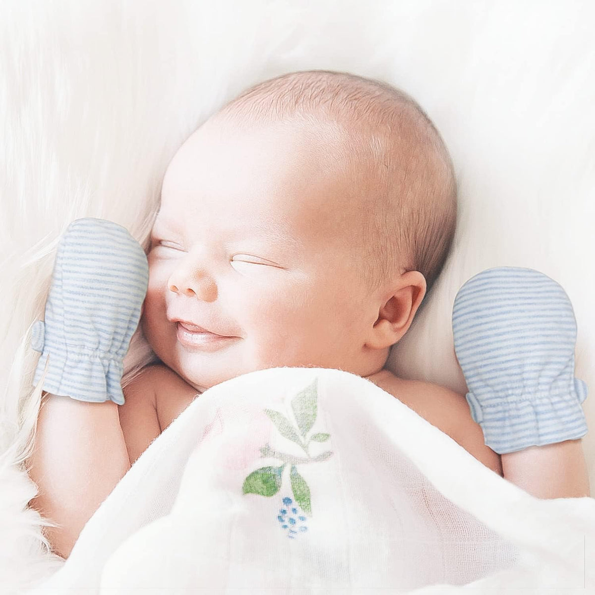 Newborn Baby No Scratch Mittens Stay On, 100% Cotton Breathable, Adjustable Infant Gloves for Baby
