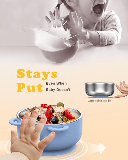 Baby Suction Bowls with Lids 4-Pack, 2-in-1 Stainless Steel 304 Toddler Bowl & Removable Silicone