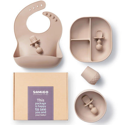 SAMiGO Silicone Baby Feeding Set, Baby Led Weaning Supplies, Suction Bowl Plate Bib Cup Self