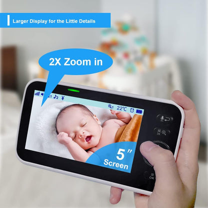 HelloBaby No WiFi Baby Monitor 5" Screen 30-Hour Battery Pan-Tilt-Zoom Video Upgrade with Camera