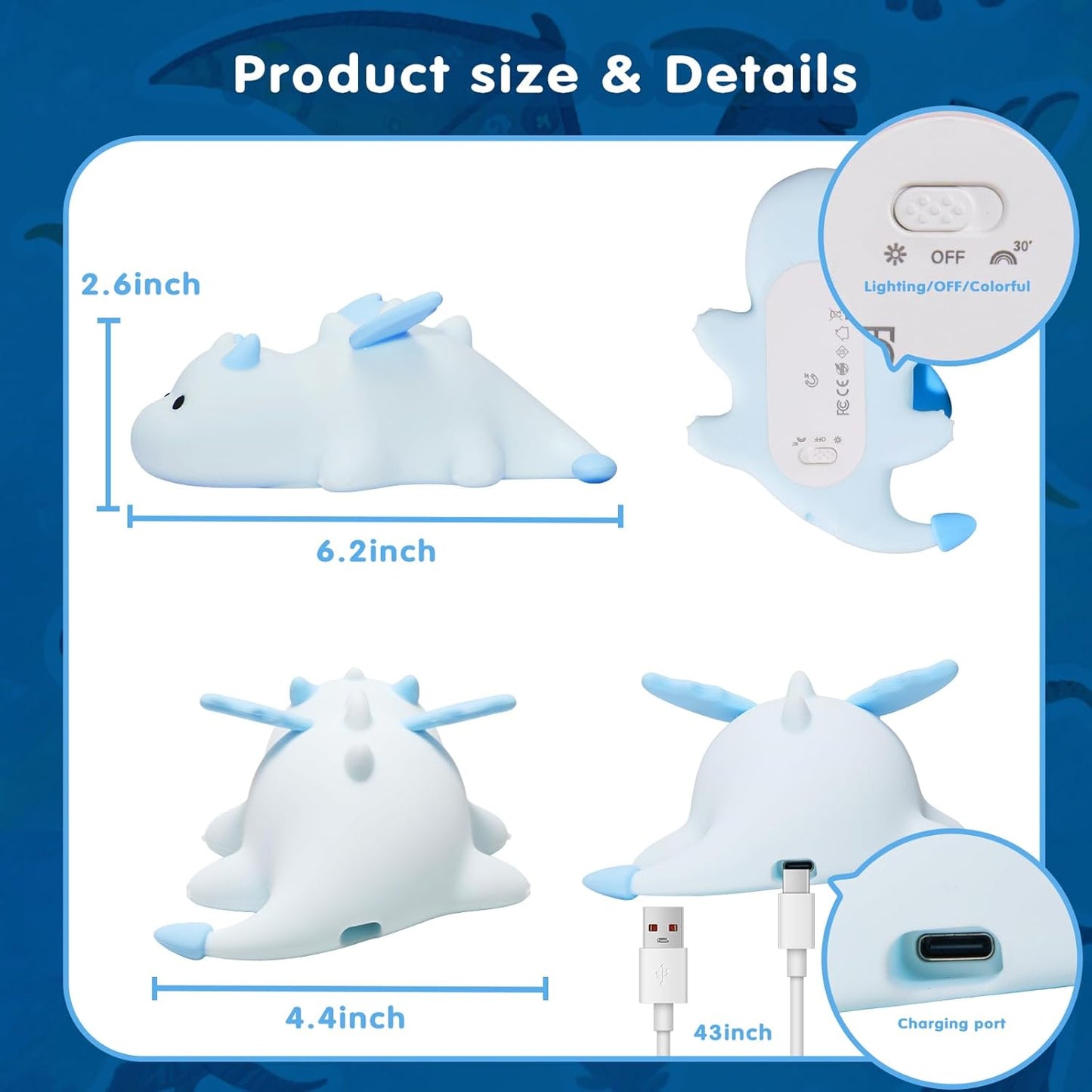Cute Baby Dragon Kids Night Light for Kids,Cute Soft Silicone Lamp 3 Level Dimmable Changing