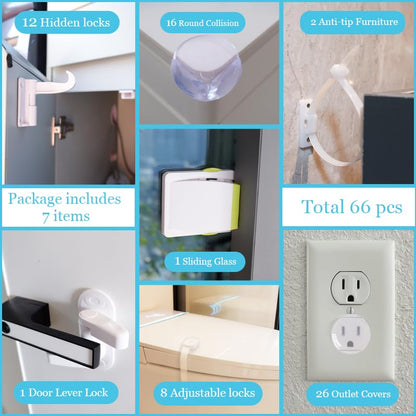 66 Pack Baby Proofing Kit | 12 Hidden Cabinet Drawer Locks, 8 Adjustable Latches, 26 Outlet Covers