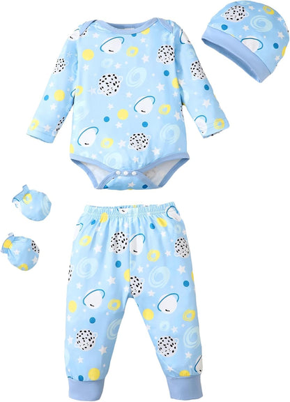 NZRVAWS Newborn Baby Boy Girl Clothes Unisex Infant Romper Pants Set Hat 4-Pack Outfits 0-12 Months