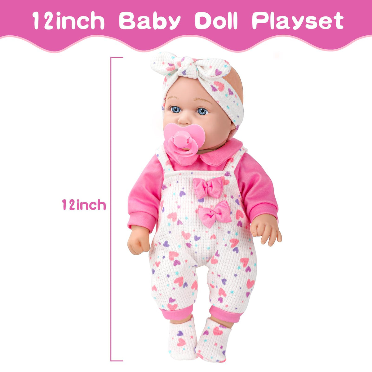 XFEYUE 12" Baby Doll with Pink Bowknot Clothing Set for 3+ Child Girls Gift