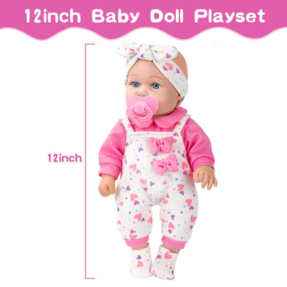 XFEYUE 12" Baby Doll with Pink Bowknot Clothing Set for 3+ Child Girls Gift