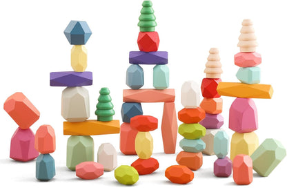 OESSUF Stacking Rocks 48Pcs Stacking Blocks Balancing Stacking Stones Wooden Building Toys Wood