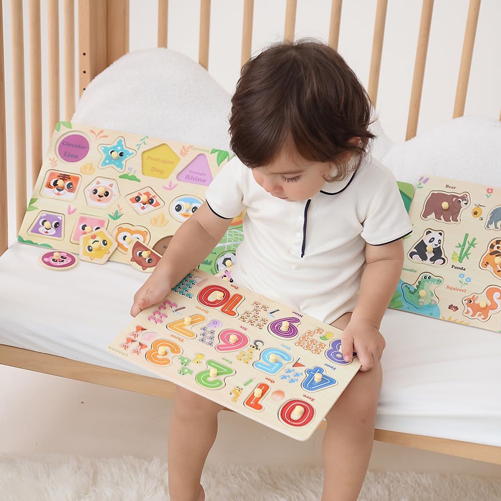 GRINNNIE 9 Pack Montessori Toddler Puzzle for 3 4 5 Years Old, Wooden Learning Puzzle for Toddlers