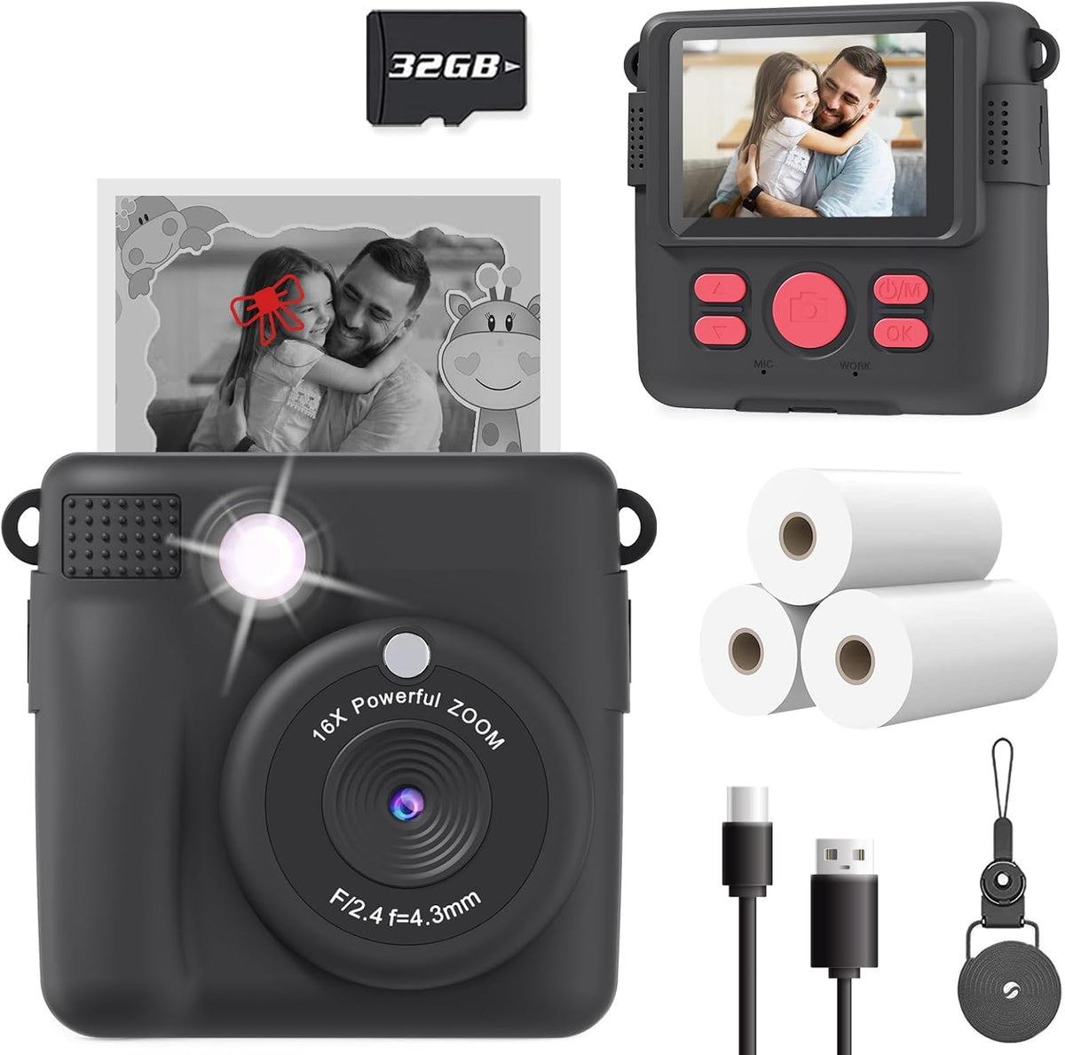 Kids Camera Instant Print, Christmas Birthday Gifts for Kids Age 3-12, Selfie Digital Camera with