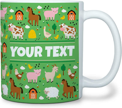 Personalized Mug for Kids - Farm Animals - Custom Name/Text, Ceramic Hot Chocolate/Cocoa/Coffee Cup
