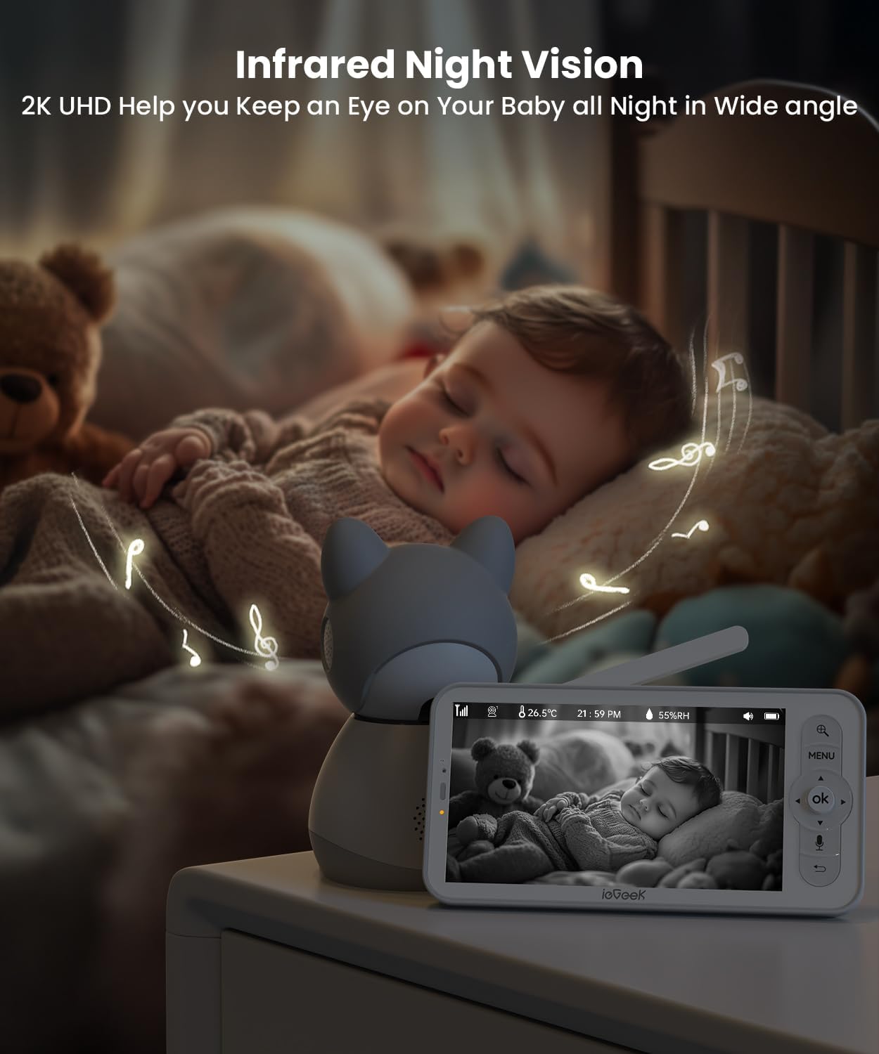 ieGeek Baby Monitor with Camera and Audio - 2K Video Monitor with 5" Screen - Night Vision, Two-Way