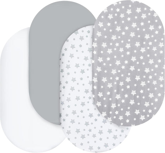 Bassinet Sheets Set 4 Pack for Baby Boy or Girl, Universal Fit for Oval, Hourglass and Rectangular