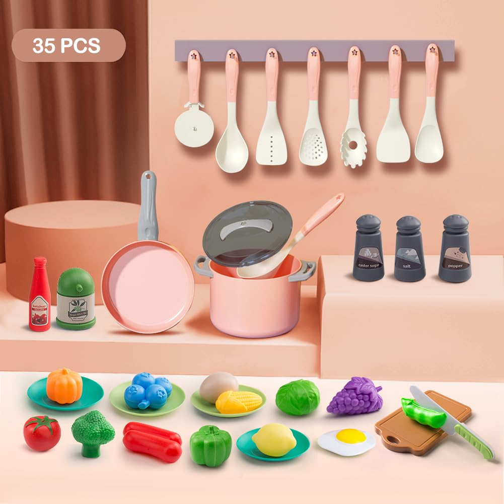 35Pcs Kids Kitchen Toy Accessories, Toddler Pretend Cooking Playset with Play Pots, Pans, Utensils