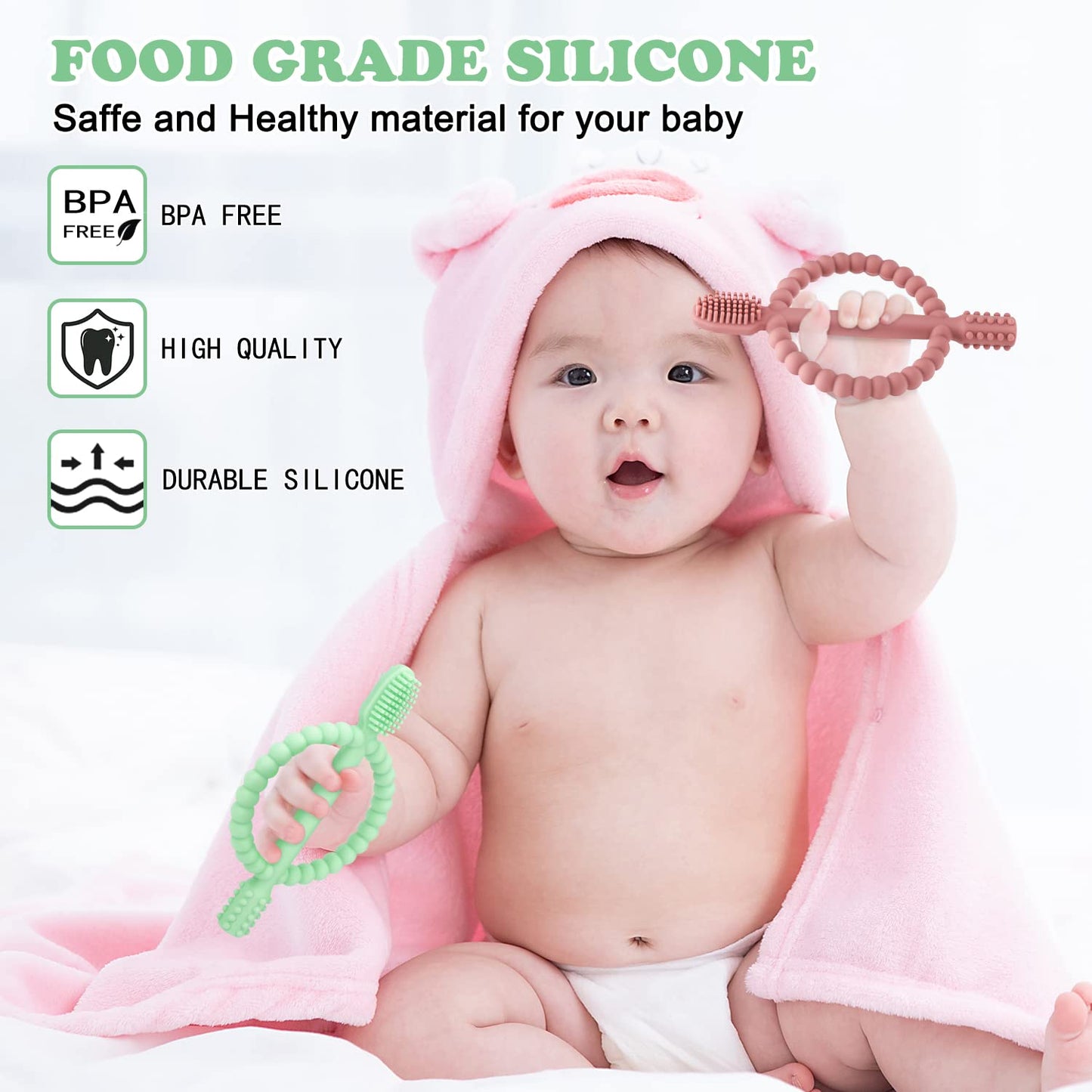 Baby Teething Toys with Easy-Hold Handle, Silicone Infant Toothbrush, Textured On Both Sides Helps