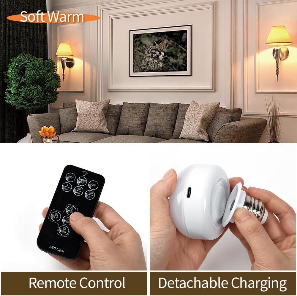 BLUEYE Rechargeable Battery Operated Light Bulb,2Packs,300LM,40W Equivalent,E26 Detachable