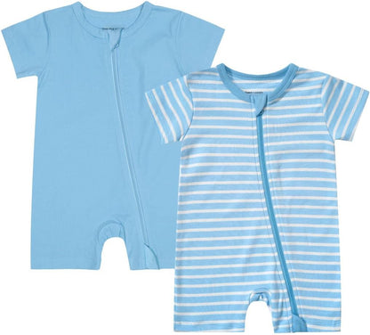 Teach Leanbh Unisex Baby 2 Pack Pajamas Cotton Short Sleeve 2 Way Zipper Stripe Soild Romper