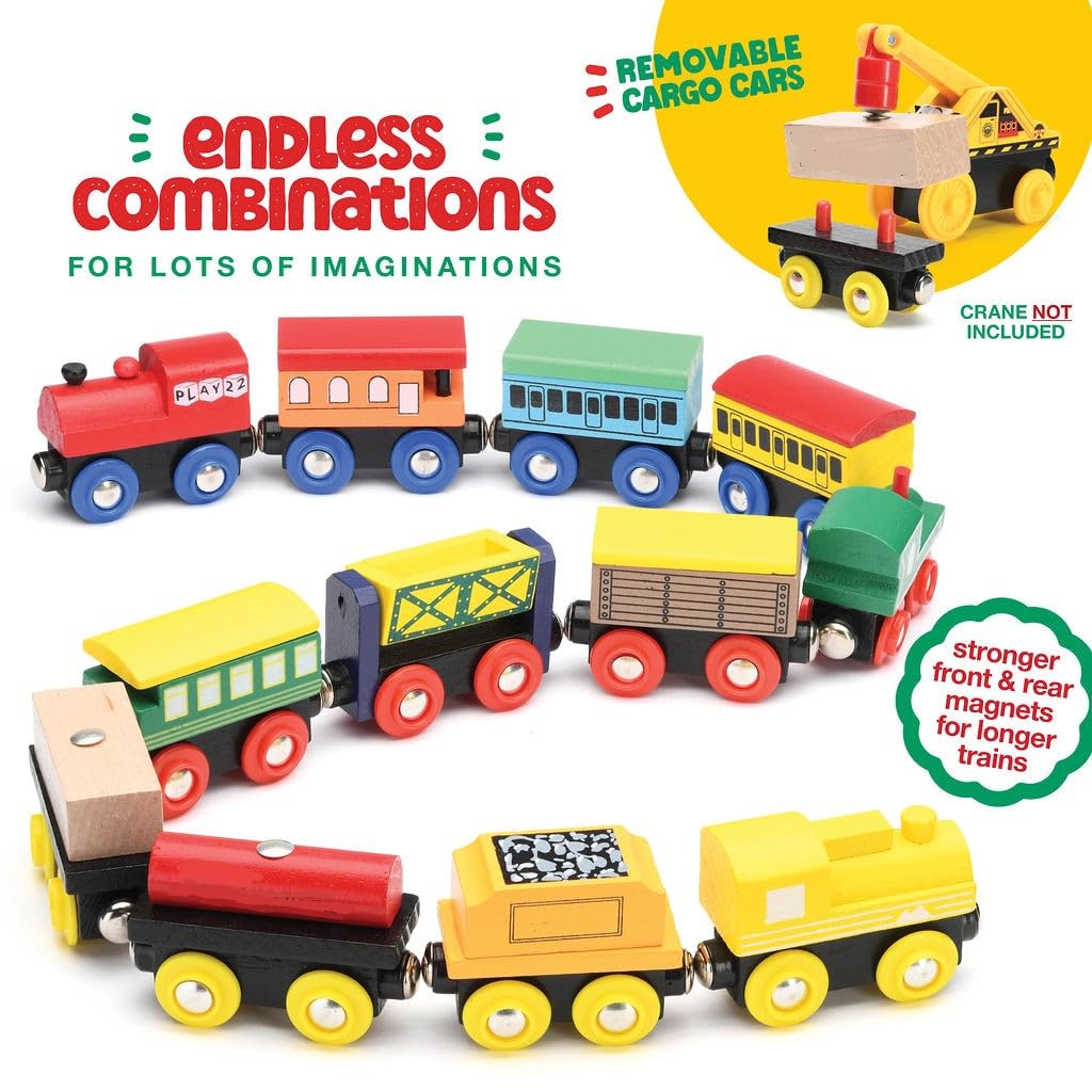 Wooden Train Set 12 PCS - Train Toys Magnetic Set Includes 3 Engines - Toy Train Sets For Kids