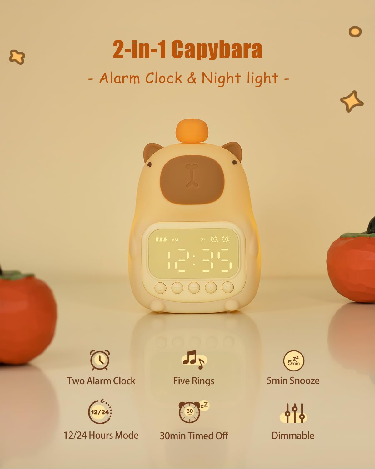 Capybara Alarm Clock with Night Light for Kids, Cute Toddler Alarm Clocks for Bedrooms Ok to Wake