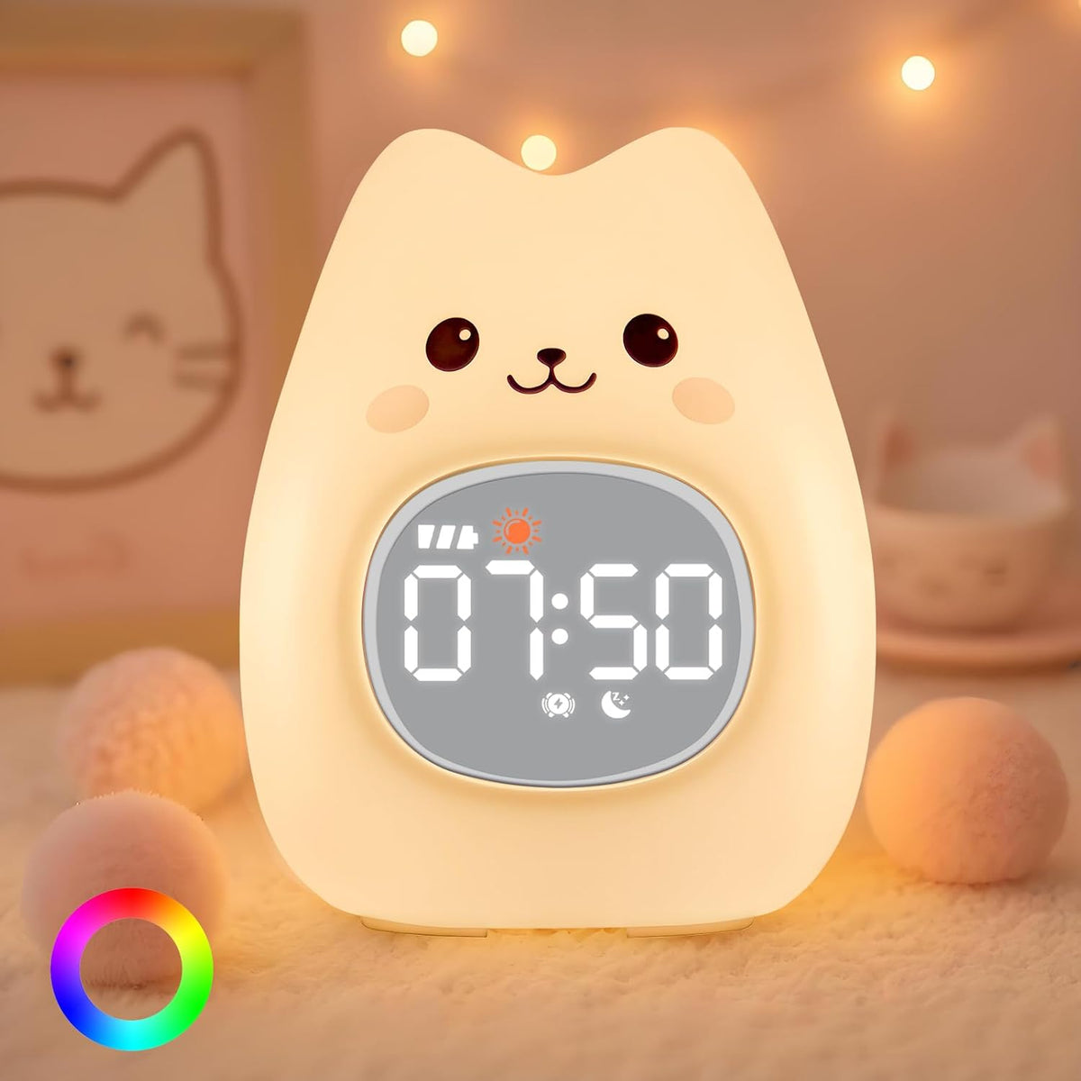 Cat Alarm Clock with Night Light for Kids with Sleep Training and Sound Machine, Rechargeable