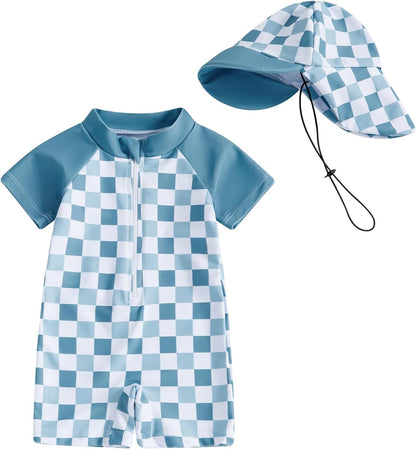 MAYUMMPY Baby Boys Girls Swimwear Casual Zipper One Pieces Rash Guard Swimsuit and Hat Beachwear