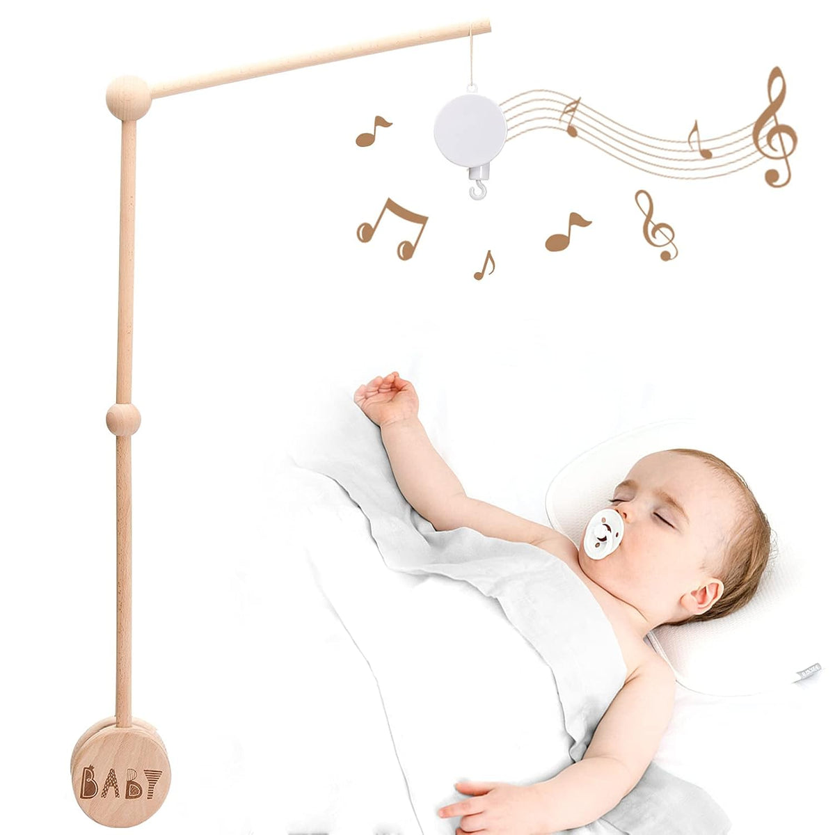 Baby Crib Mobile Arm Wooden Holder 30 inch Beech Hangers with Rotating Music Box Nursery Decor
