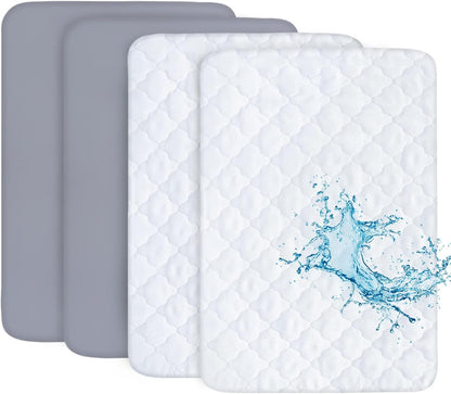 Biloban Pack and Play Sheets and Waterproof Mattress Protector Pad Cover 4 Pack Set, Ultra Soft
