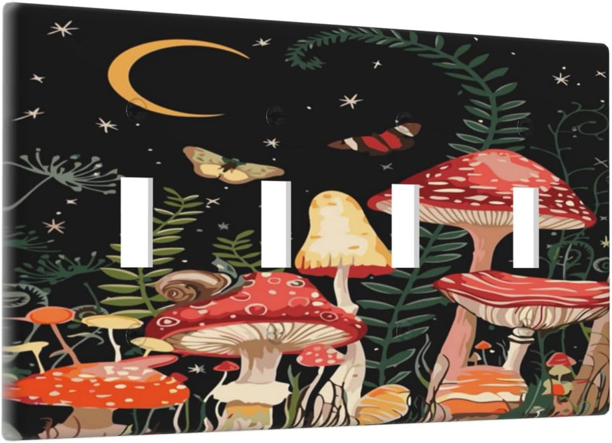 Moon Star Red Mushroom Forest Butterfly Green Plant Light Switch Covers Quad Toggle Electrical