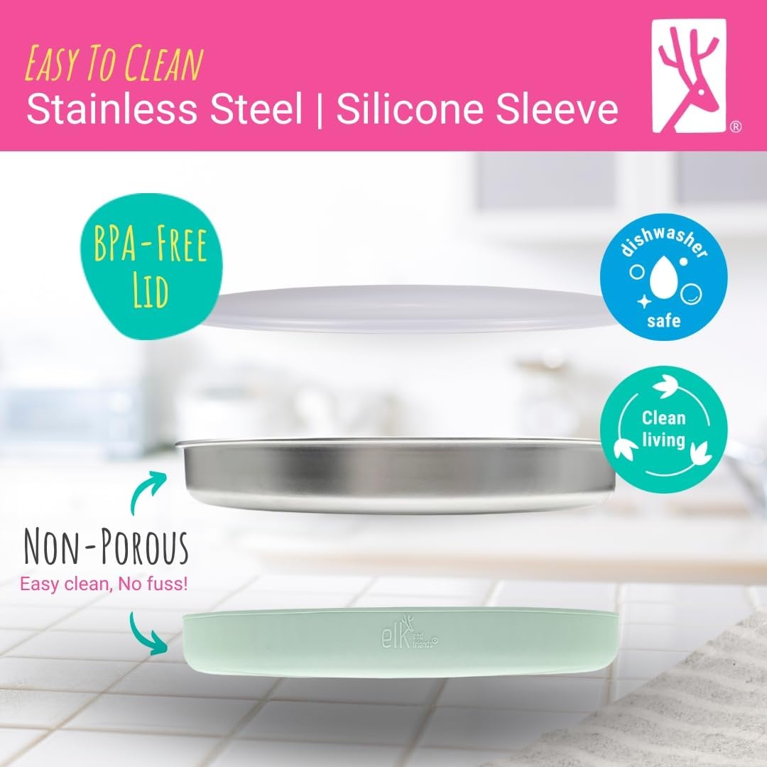 Elk and Friends 7.8” Stainless Steel Non Divided Plates with Silicone Sleeve + Storage Lid | Baby