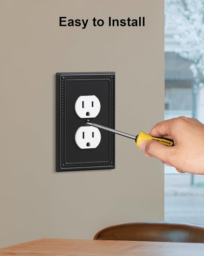 2-Pack Duplex Outlet Cover, Black Metal Wall Plates for Electrical Outlets, 1 Gang Receptacle Light