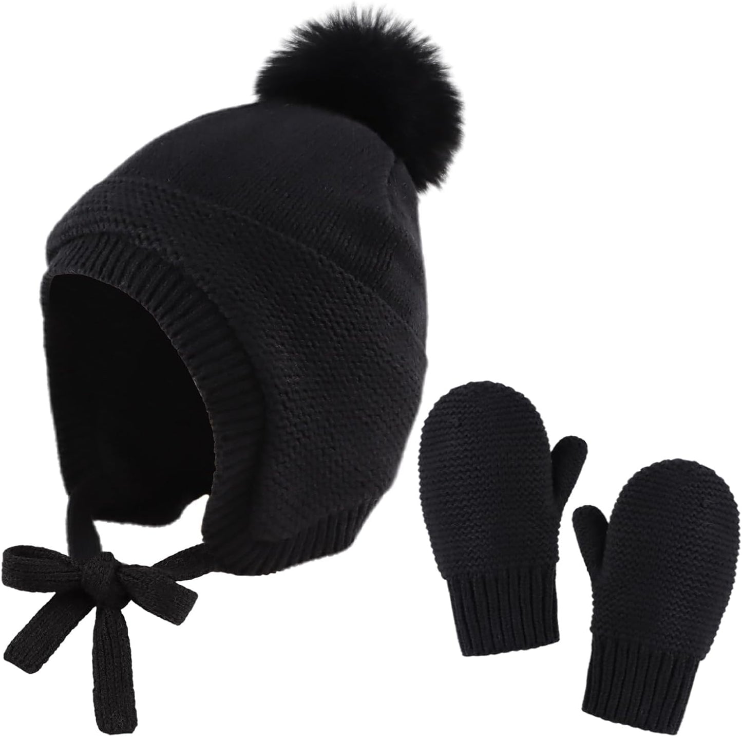 Basic Winter Baby Beanie Gloves Boys Girls Knitted Hat Pompom Kids Earflap Hats Warm Infant Toddler