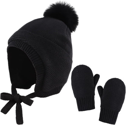 Basic Winter Baby Beanie Gloves Boys Girls Knitted Hat Pompom Kids Earflap Hats Warm Infant Toddler