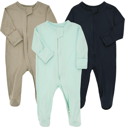 Aablexema Baby Zipper Pajamas Bamboo Rayon, 3pcs Unisex Infant Onesie with Mitten Long Sleeve