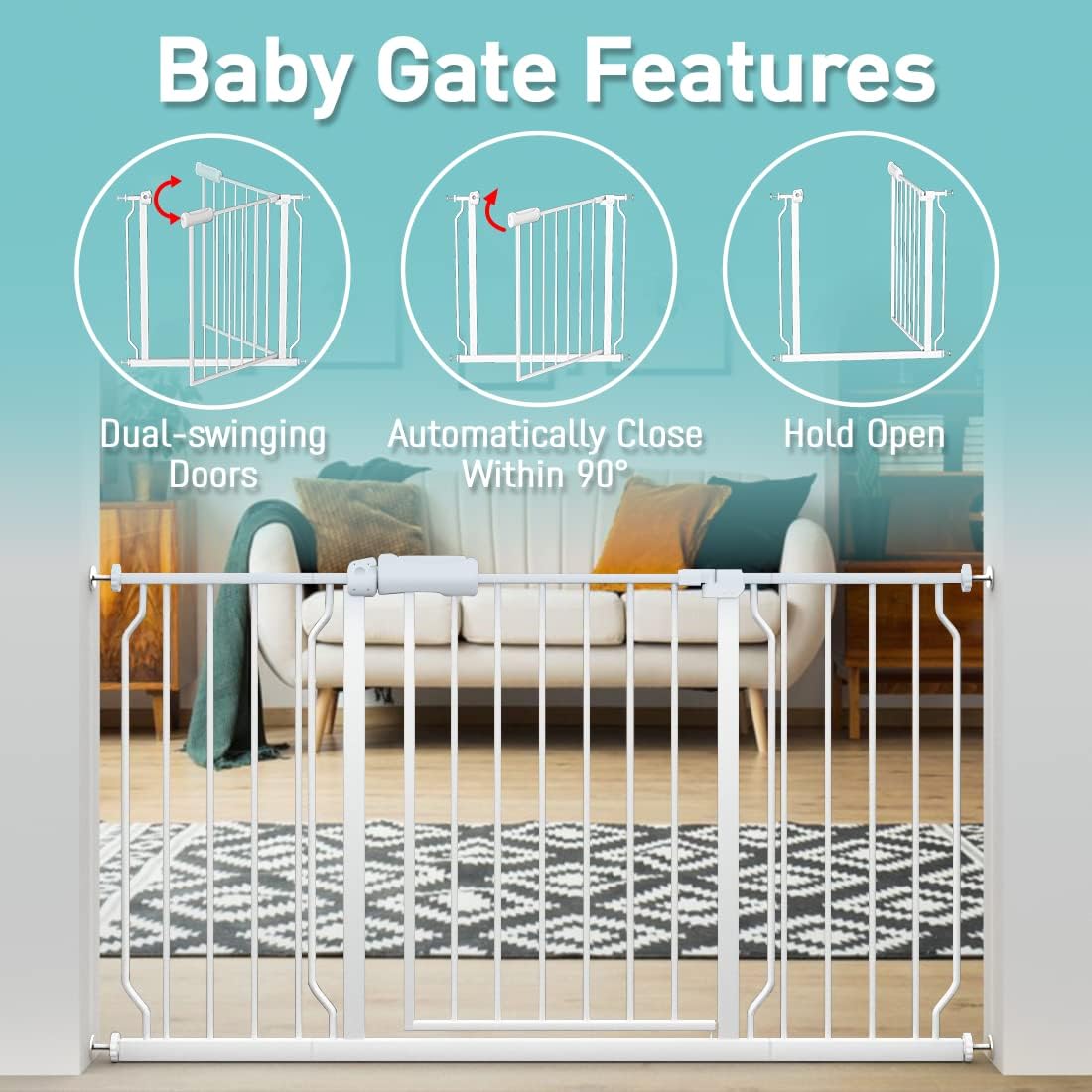 WAOWAO Baby Gate 14.16" Extra Wide Pressure Mounted Walk Through Swing Auto Close Safety White