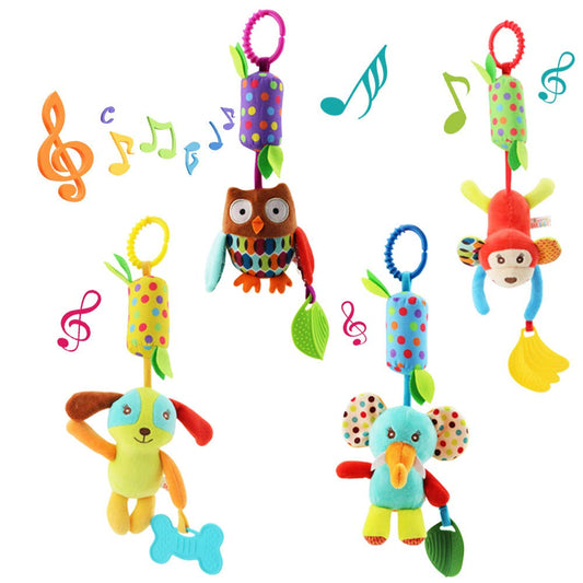 4 PCS Baby Soft Hanging Rattle Crinkle Squeaky Toy - Baby Toys for 0 3 6 9 to 1 Animal Ring Plush