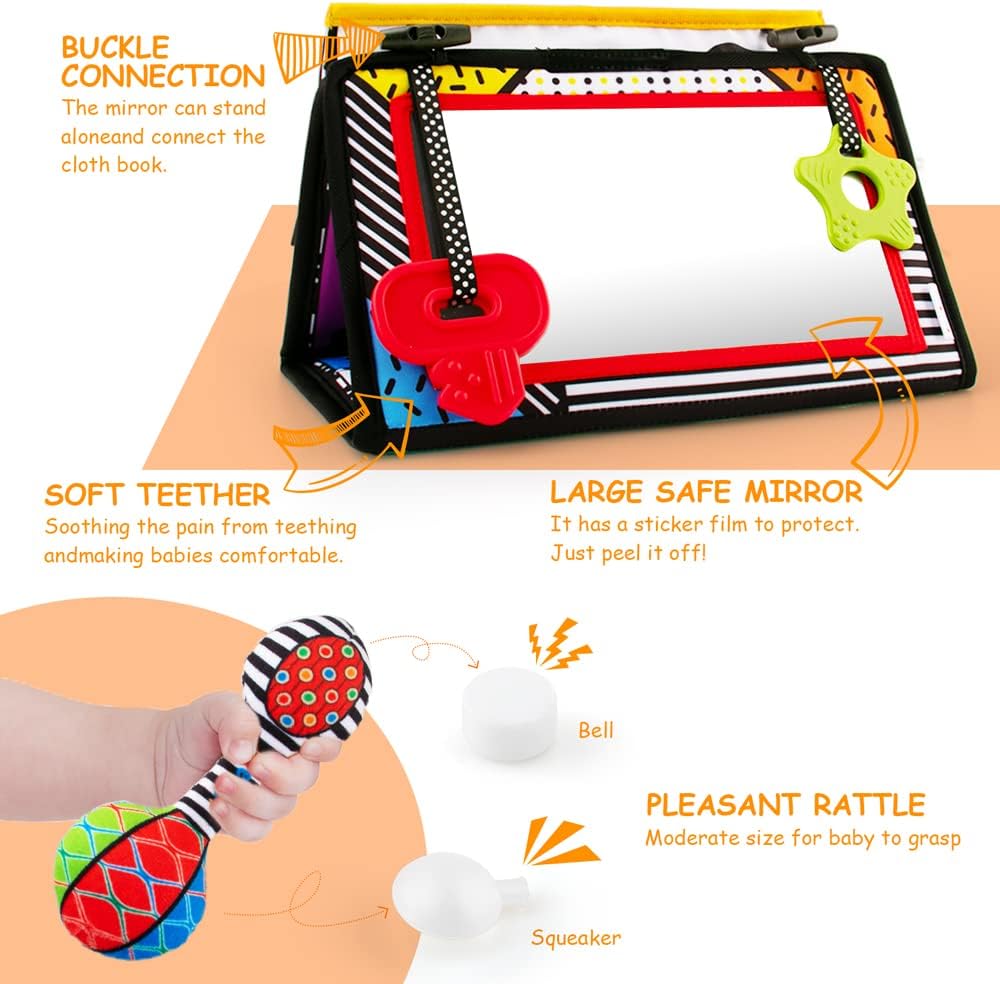 3-in-1 Tummy Time Mirror with Soft Crinkle 3D Activity Book, Teethers, Rattle - High Contrast Black