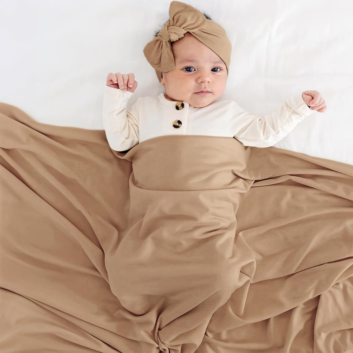 GRSSDER Newborn Swaddle Blanket, Ultra Soft Jersey Receiving Blanket with Matching Headband and