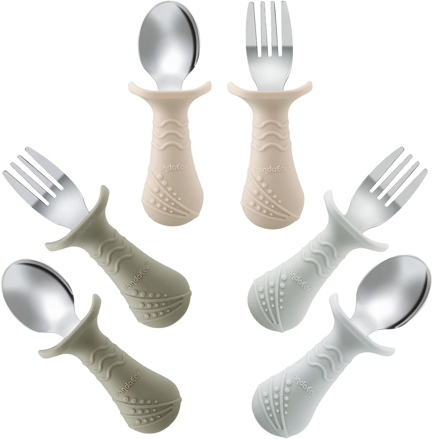 PandaEar Baby Toddler Fork and Spoon Utensil Set, 6 Pack Silicone Stainless Steel Silverware Spoon