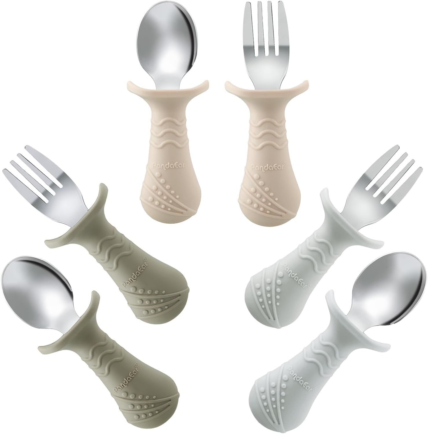 PandaEar Baby Toddler Fork and Spoon Utensil Set, 6 Pack Silicone Stainless Steel Silverware Spoon