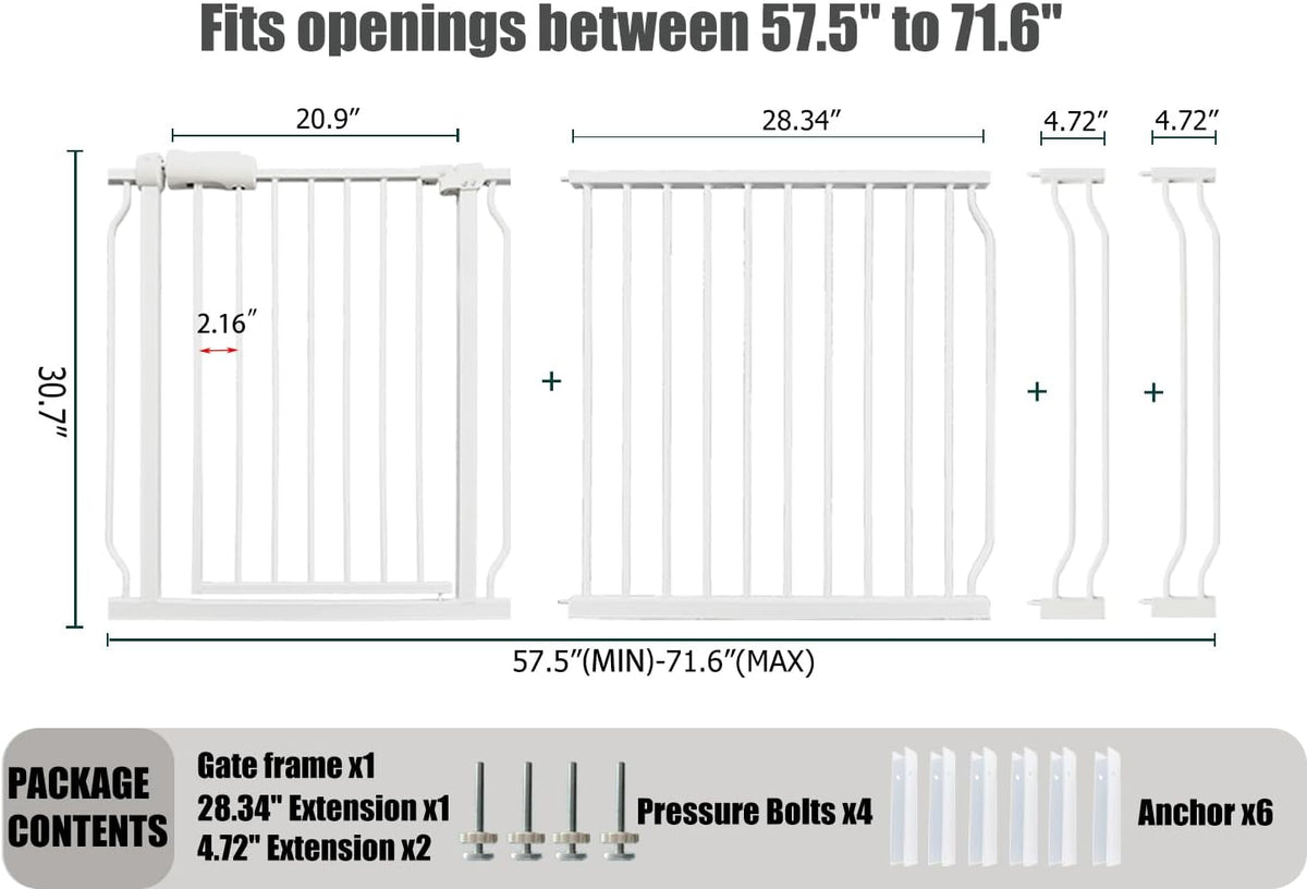 Extra Wide Baby Gate Tension Indoor Safety Gates White Metal Large Pressure Mounted Pet Walk