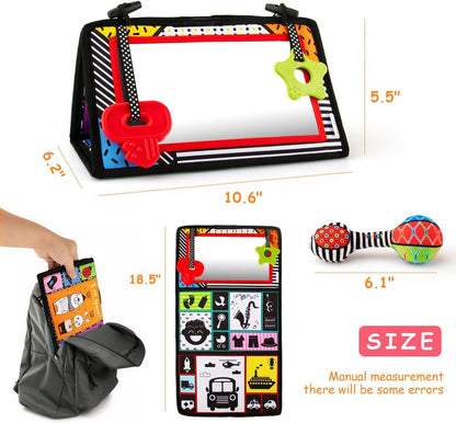 3-in-1 Tummy Time Mirror with Soft Crinkle 3D Activity Book, Teethers, Rattle - High Contrast Black