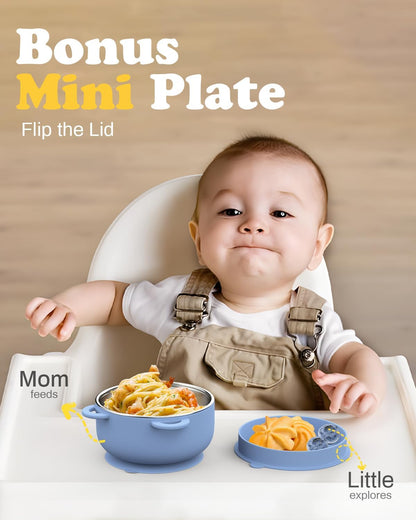 Baby Suction Bowls with Lids 4-Pack, 2-in-1 Stainless Steel 304 Toddler Bowl & Removable Silicone